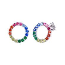 Load image into Gallery viewer, Sterling Silver Rhodium Plated Rainbow Open Circle Stud Earrings