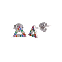 Load image into Gallery viewer, Sterling Silver Rhodium Plated Open Triangle Stud Earrings with Multi-Colored CZ
