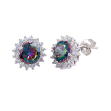 Load image into Gallery viewer, Sterling Silver Rhodium Plated Halo Synthetic Mystic Topaz Earrings