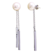 Load image into Gallery viewer, Sterling Silver Rhodium Plated Fresh Water Pearl Bar Dangling Earrings