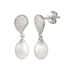 Load image into Gallery viewer, Sterling Silver Rhodium Plated CZ Encrusted Teardrop Dangling Pearl Earring