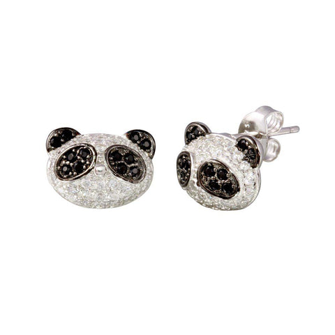 Sterling Silver Rhodium Plated CZ Encrusted Panda Stud Earrings