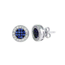 Load image into Gallery viewer, Sterling Silver Rhodium Plated Clear And Blue CZ Halo Stud Earrings