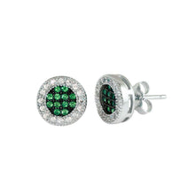 Load image into Gallery viewer, Sterling Silver Rhodium Plated Clear And Green CZ Halo Stud Earrings