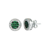 Sterling Silver Rhodium Plated Clear And Green CZ Halo Stud Earrings