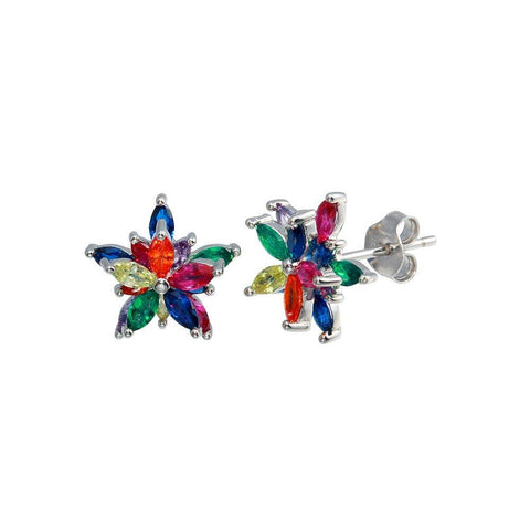 Sterling Silver Rhodium Plated Multi Color Flower CZ Stud Earrings
