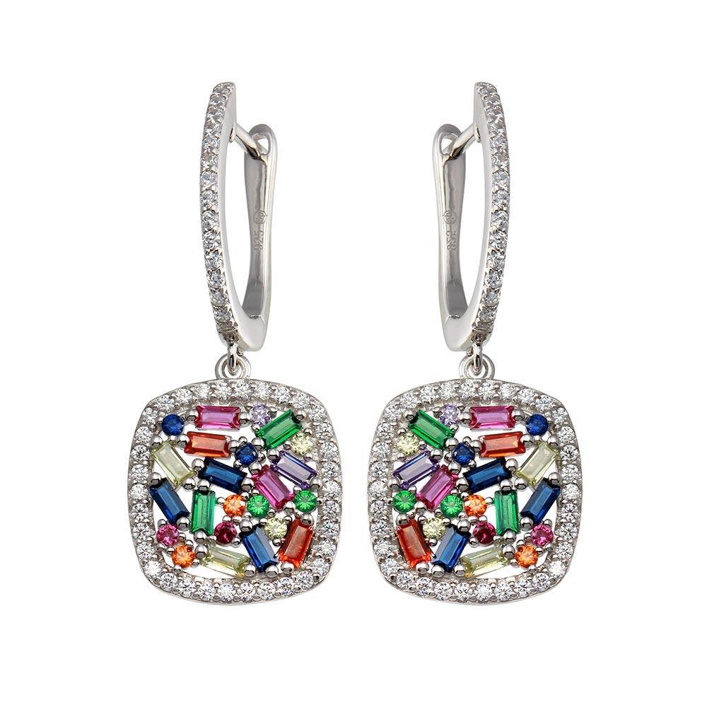 Sterling Silver Rhodium Plated Multi Color CZ Dangling Earrings - silverdepot