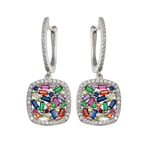 Sterling Silver Rhodium Plated Multi Color CZ Dangling Earrings