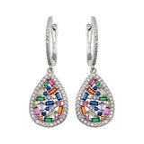 Sterling Silver Rhodium Plated Multi Color Teardrop CZ Dangling Earrings