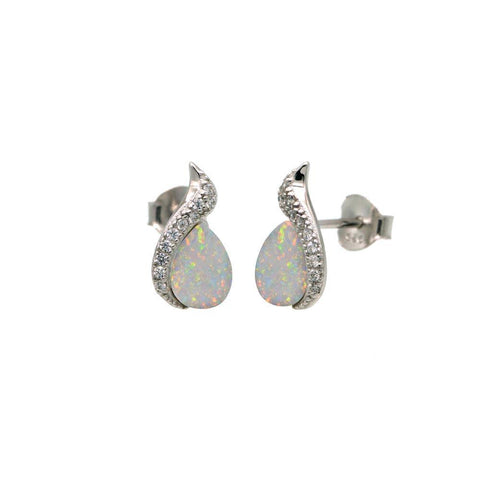 Sterling Silver Rhodium Plated Teardrop Synthetic Opal CZ Stud Earrings