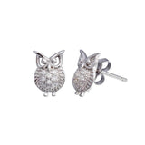 Sterling Silver Rhodium Plated Owl CZ Stud Earrings