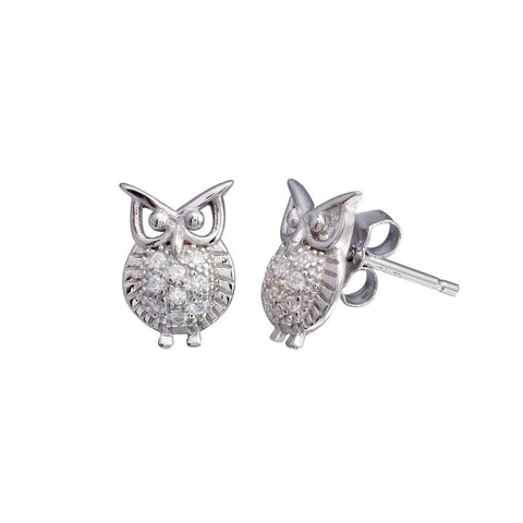 Sterling Silver Rhodium Plated Owl CZ Stud Earrings