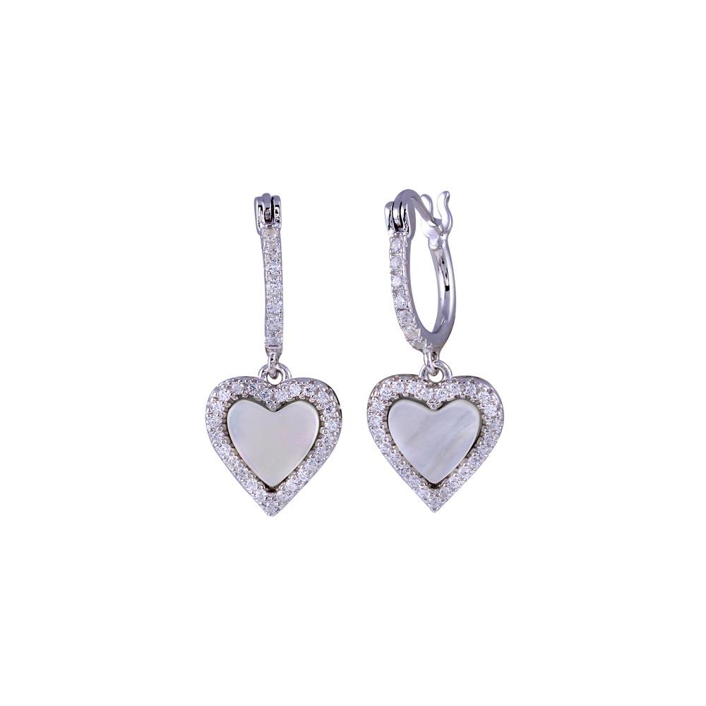 Sterling Silver Rhodium Plated Dangling CZ Heart with Mother of Pearl Huggie Earrings
