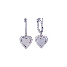 Load image into Gallery viewer, Sterling Silver Rhodium Plated Dangling CZ Heart with Mother of Pearl Huggie Earrings