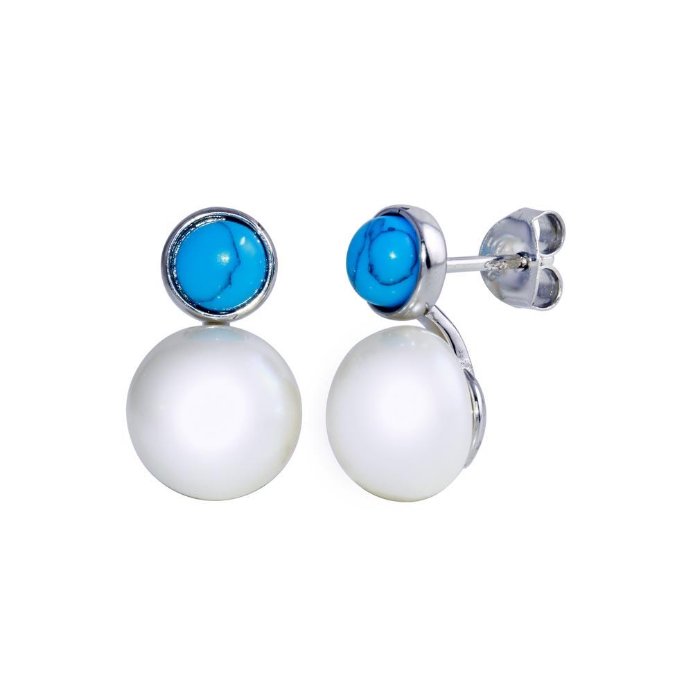 Sterling Silver Rhodium Plated Pearl and Turquoise CZ Earrings