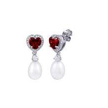 Load image into Gallery viewer, Sterling Silver Rhodium Plated Heart Garnet, Clear CZ and Pearl Dangling Stud Earrings