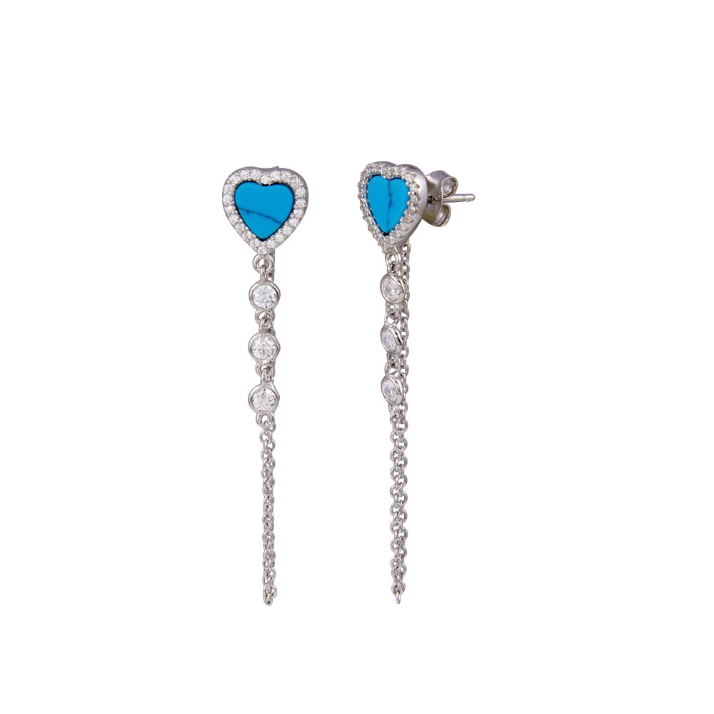 Sterling Silver Rhodium Plated Dangling CZ Turquoise Heart Dangling Earrings