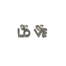 Load image into Gallery viewer, Sterling Silver Rhodium Plated Love Clear CZ Stud Earrings Dimensions Right-8.1mmx6.2mm, Dimensions Left-8.5mmx6.2mm