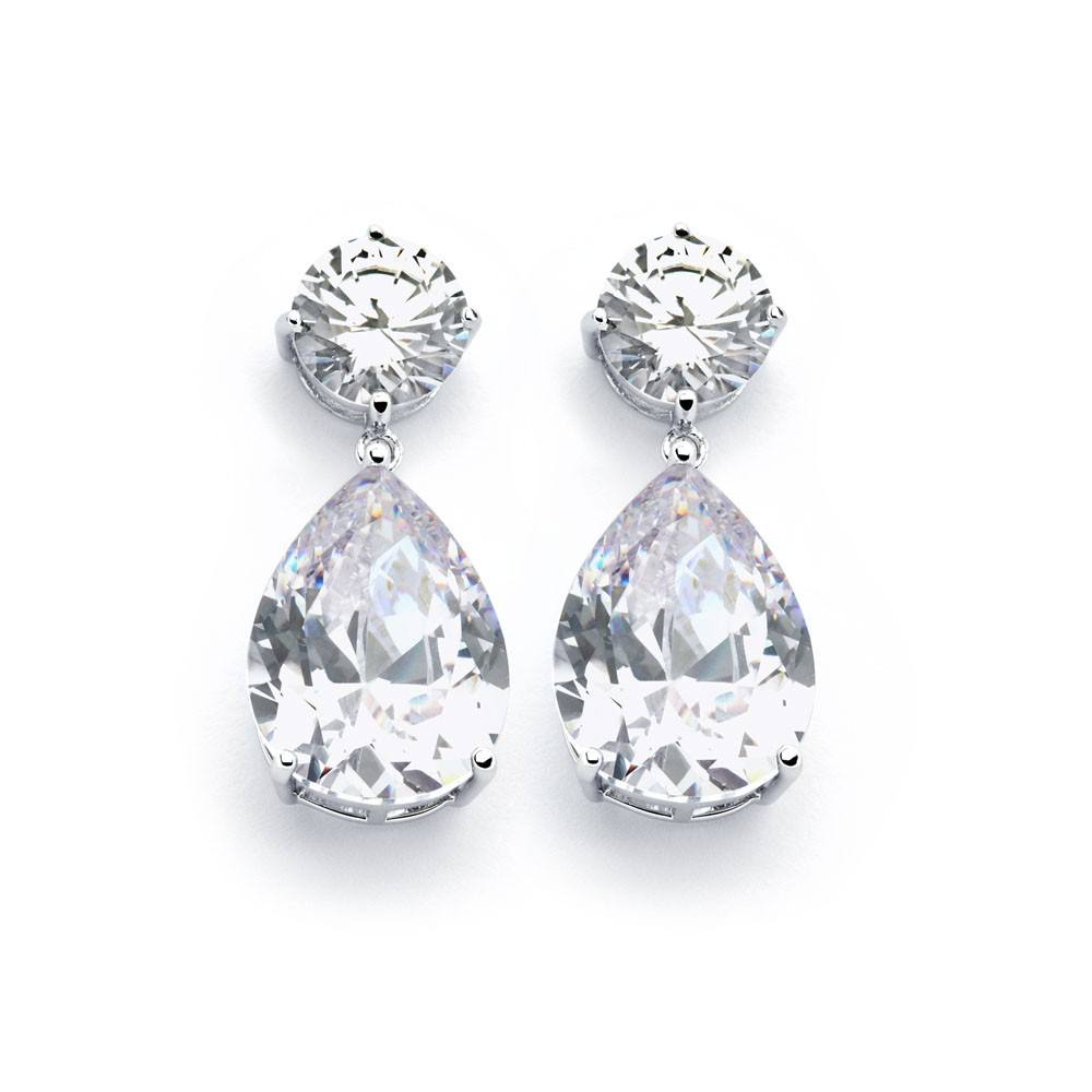 Sterling Silver Rhodium Plated Clear Round Teardrop Shaped Dangling Stud Earrings