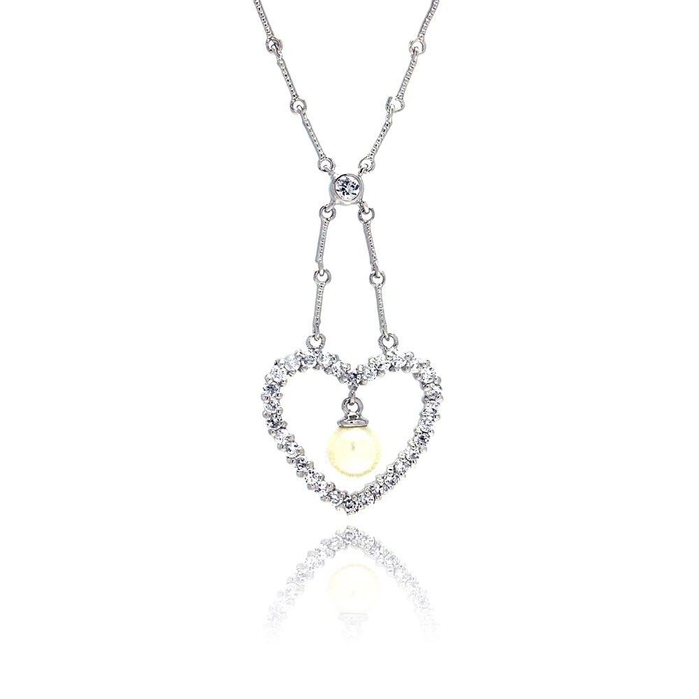 Sterling Silver Fashion Necklace with Open Paved Heart and Centered White Pearl Pendant