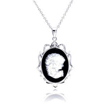 Load image into Gallery viewer, Sterling Silver Necklace with Elegant Black Onyx Oval Frame with Mother of Pearl Cameo and Inlaid with Clear Czs Pendant