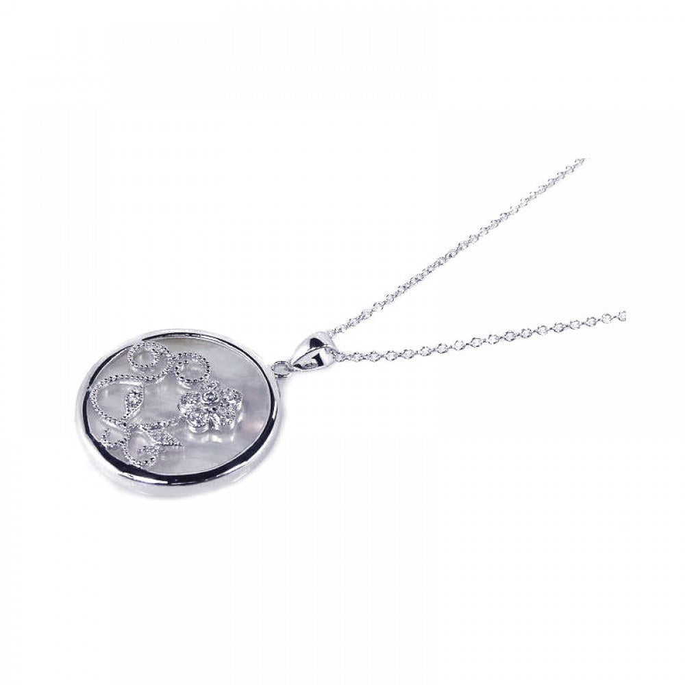 Sterling Silver Necklace with Round Frame Mother of Pearl Pendant Inlaid with Cz and Flower Design