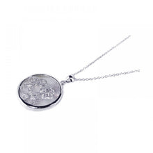 Load image into Gallery viewer, Sterling Silver Necklace with Round Frame Mother of Pearl Pendant Inlaid with Cz and Flower Design