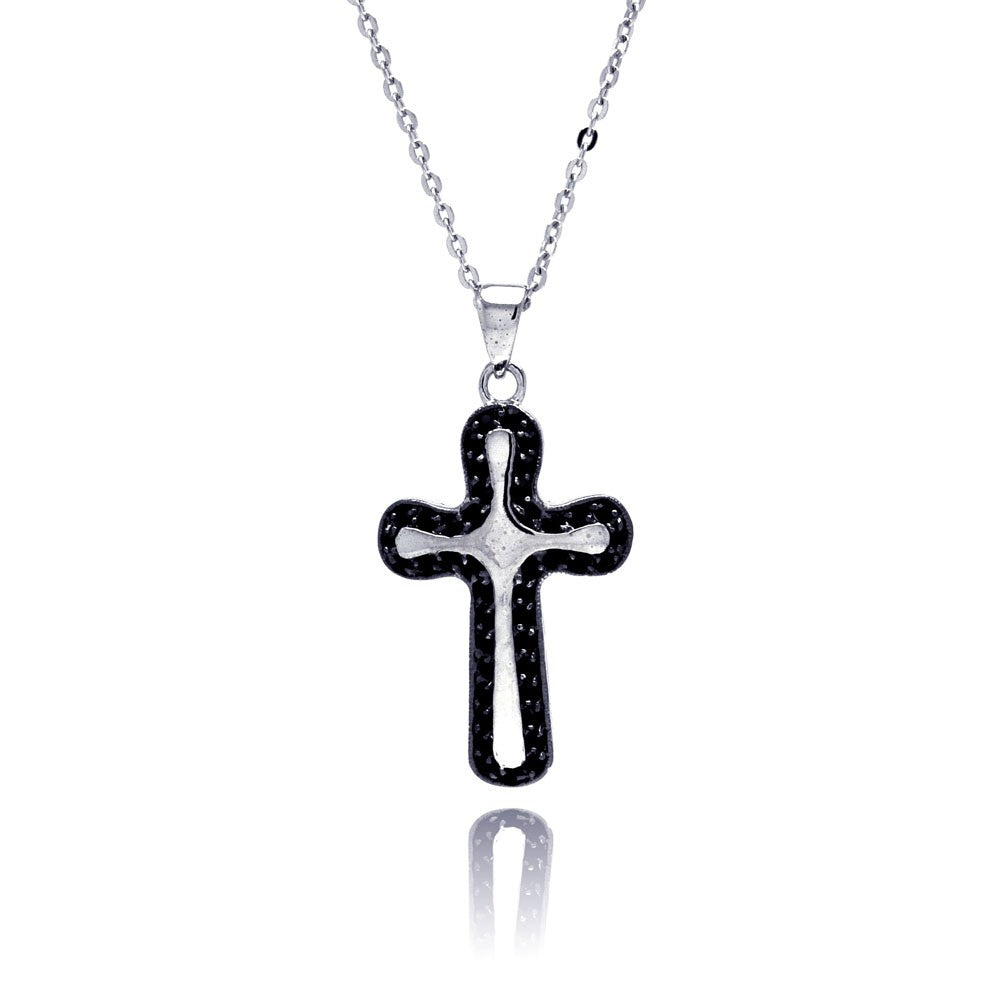 Sterling Silver Rhodium Black Onyx Cross CZ Necklace