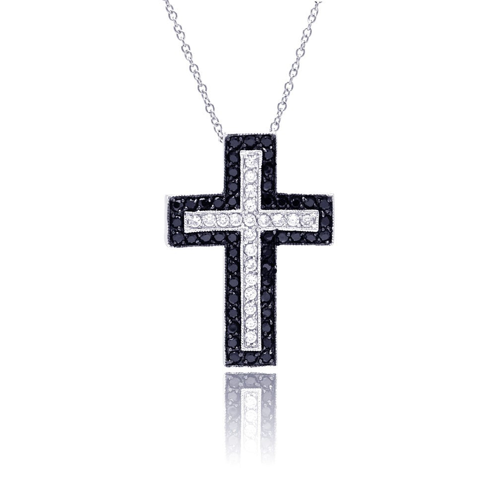 Sterling Silver Rhodium Black and Clear Cross CZ Necklace