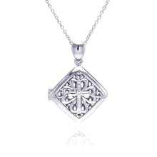 Load image into Gallery viewer, Sterling Silver Necklace with Cross Design with Centered Clear Cz Diamond Shaped Locket Pendant