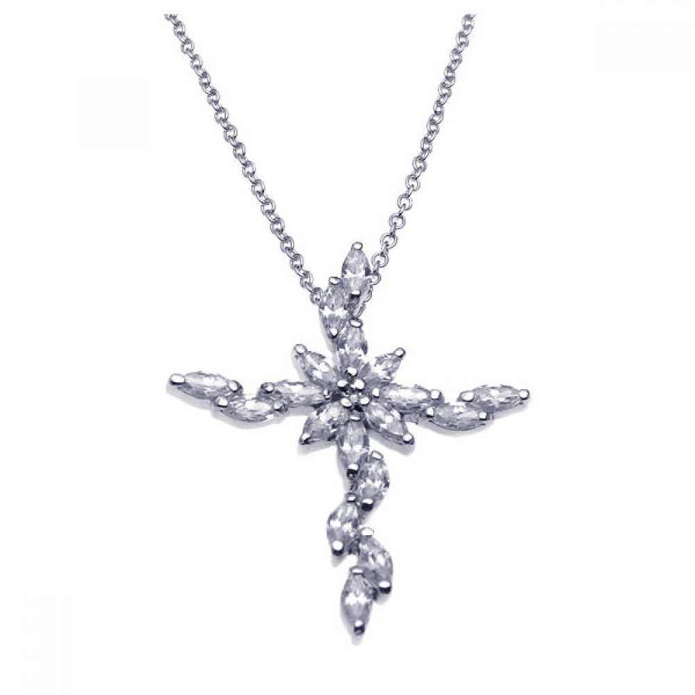 Sterling Silver Rhodium Marquis Cross CZ Necklace