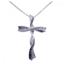 Load image into Gallery viewer, Sterling Silver Black and Clear Rhodium Plated Twisted Cross CZ Necklace