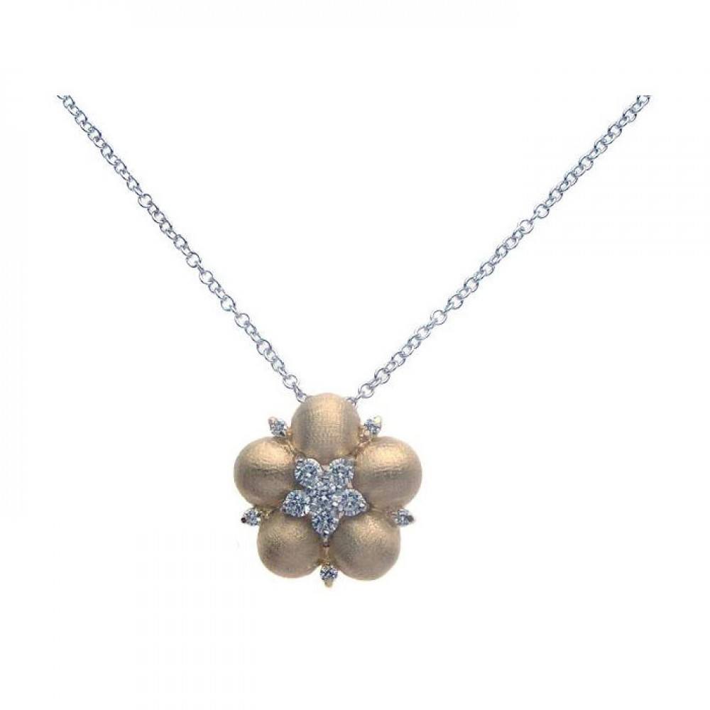 Sterling Silver Necklace with Fancy Gold Plated Flower Inlaid with Clear Czs Pendant