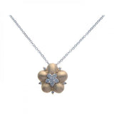 Sterling Silver Necklace with Fancy Gold Plated Flower Inlaid with Clear Czs Pendant