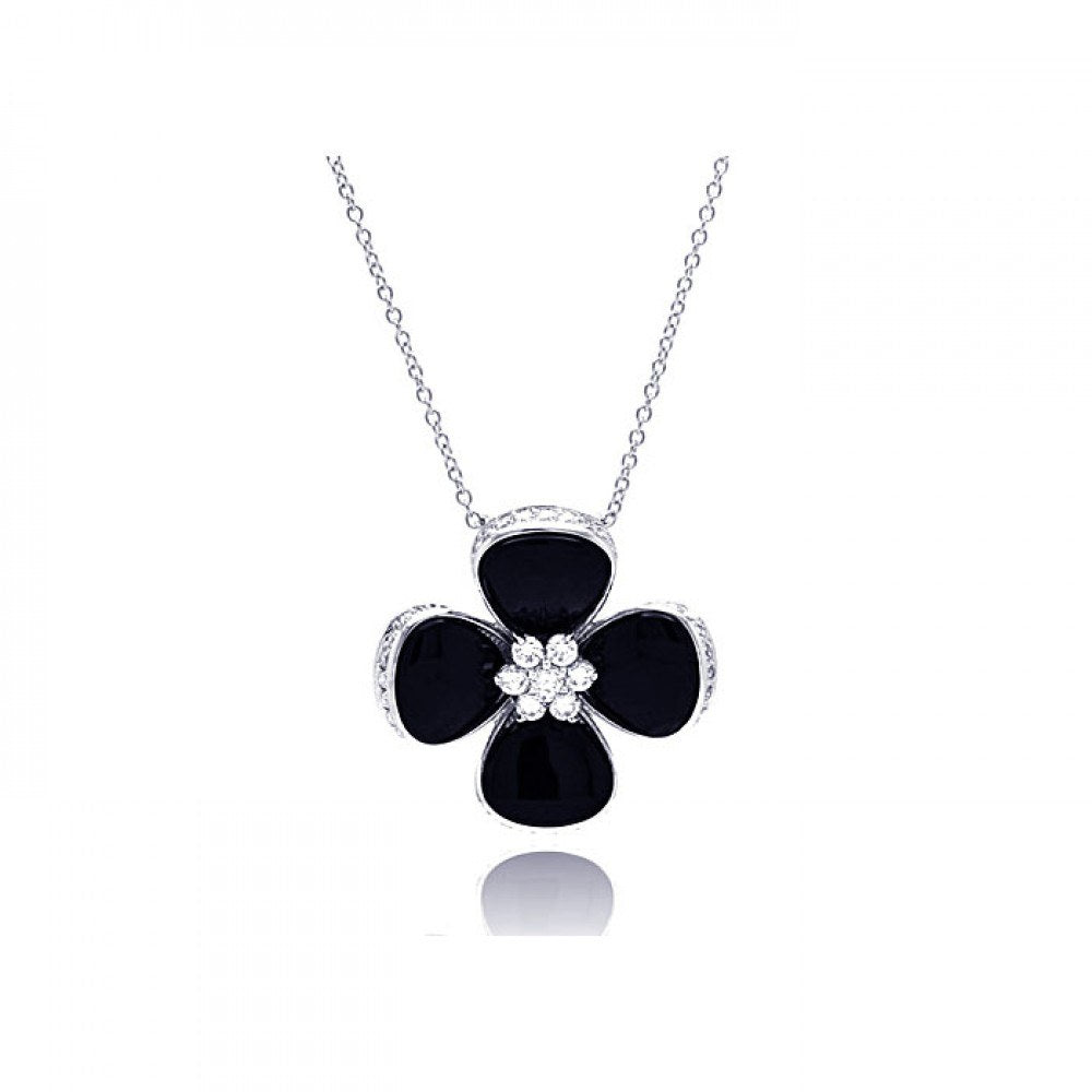Sterling Silver Necklace with Fancy Black Onyx Flower Inlaid with Clear Czs Pendant