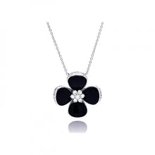 Load image into Gallery viewer, Sterling Silver Necklace with Fancy Black Onyx Flower Inlaid with Clear Czs Pendant