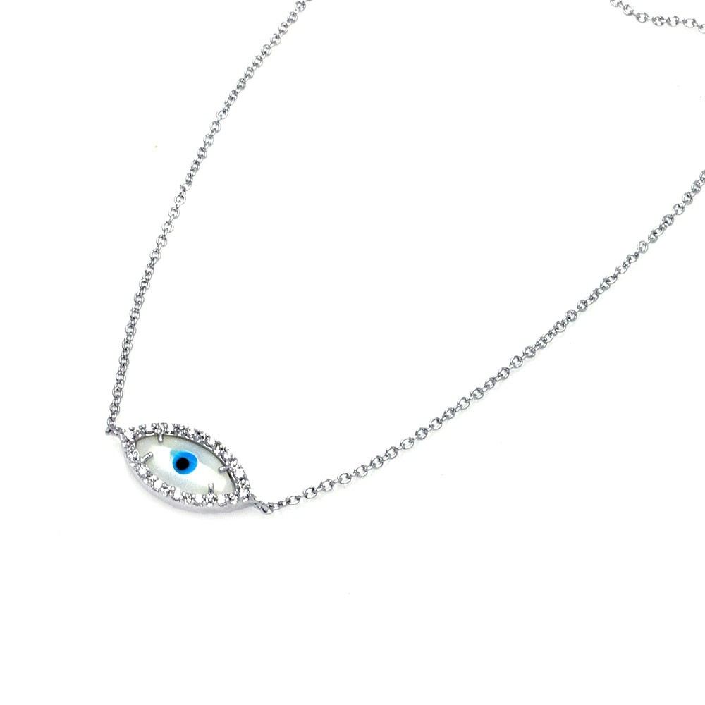 Sterling Silver Necklace with Trendy Evil Eye Inlaid with Clear Czs Pendant