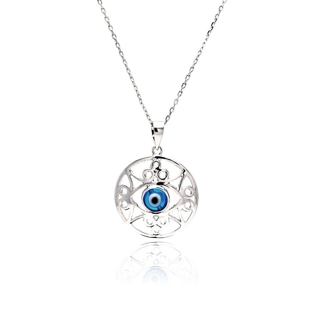 Sterling Silver Necklace with Round Fancy Cut-Out Pattern Design Blue Evil Eye Pendant