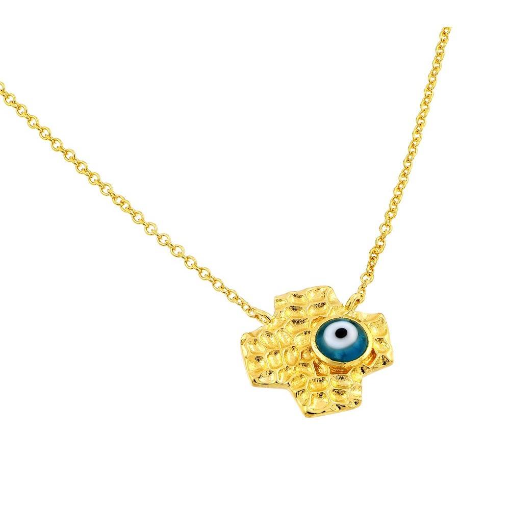 18k Gold Plated Sterling Silver Necklace with Wide Cross Hammered Finish and Blue Evil Eye Design PendantAnd Chain Length of 16 And Pendant Dimensions: 17.9MMx18.2MM