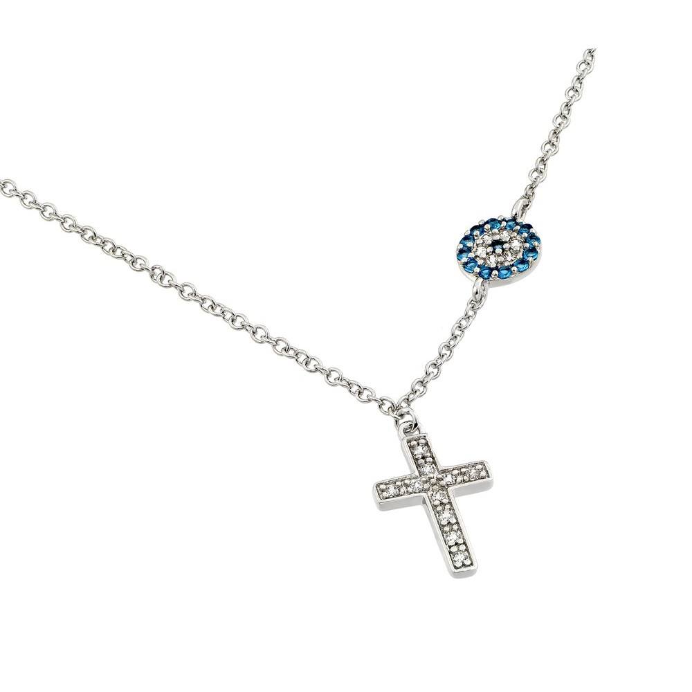 Sterling Silver Necklace with Modern Cross and Evil Eye Pendants Inlaid with Clear and Blue Sapphire CzsAnd Chain Length of 16 -18  AdjustableAnd Pendant Dimensions: Cross: 16.7MMx10.5MM Evil Eye Diameter