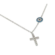 Load image into Gallery viewer, Sterling Silver Necklace with Modern Cross and Evil Eye Pendants Inlaid with Clear and Blue Sapphire CzsAnd Chain Length of 16 -18  AdjustableAnd Pendant Dimensions: Cross: 16.7MMx10.5MM Evil Eye Diameter