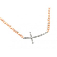 Load image into Gallery viewer, Sterling Silver Champagne Pearl Necklace with Sideways Paved Czs Curved Cross Pendant
