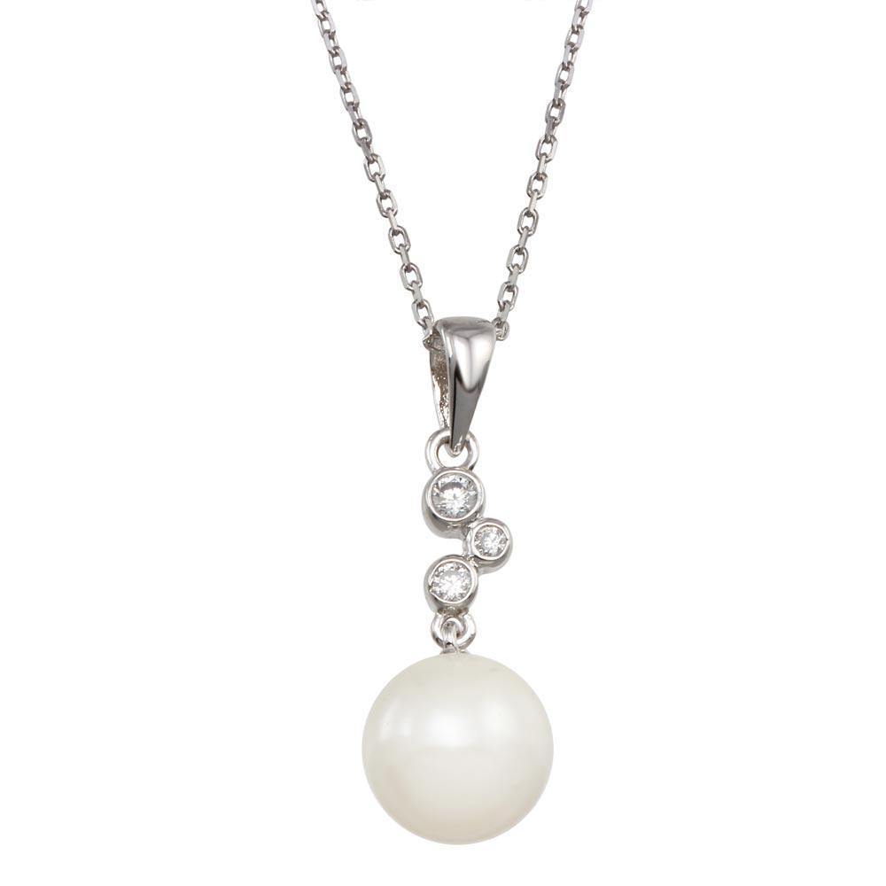 Sterling Silver Rhodium Plated Synthetic Pearl CZ Drop Necklace - silverdepot