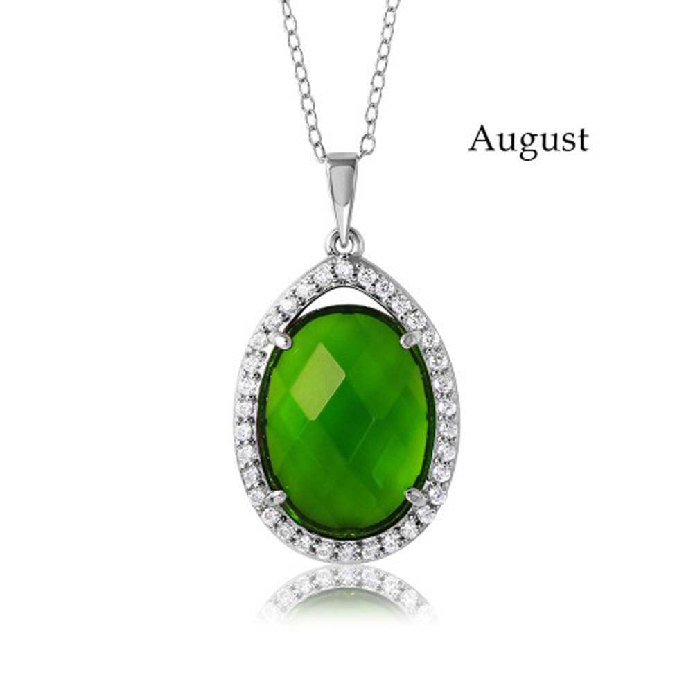 Sterling Silver Rhodium Plated Teardrop Halo August Birthstone Necklace With Peridot And Clear CZ
