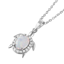 Load image into Gallery viewer, Sterling Silver Rhodium Plated Tiny Turtle Necklace Paved with Clear CZ Stones and Oval Synthetic Opal StoneAnd Chain Length of 16  Plus 2  Extension
