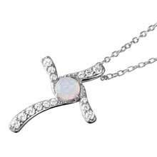 Load image into Gallery viewer, Sterling Silver Rhodium Plated Twist Cross Necklace Paved with Clear CZ Stones and Round Synthetic Opal StoneAnd Chain Length of 16  Plus 2  Extension