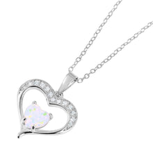Load image into Gallery viewer, Sterling Silver Rhodium Plated Open Heart Necklace Paved with Clear CZ Stones and Heart Shaped Synthetic Opal StoneAnd Chain Length of 16-18 inches