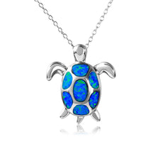 Load image into Gallery viewer, Sterling Silver Rhodium Plated Turtle Necklace with Synthetic Blue Opal Stone InlaysAnd Spring Ring Clasp