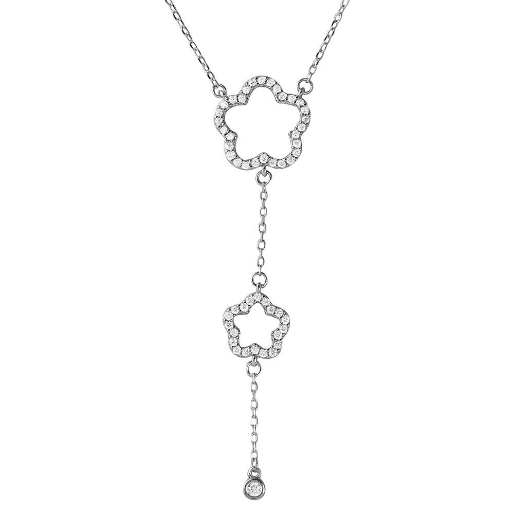 Sterling Silver Rhodium Plated Double Open CZ Clover Drop .925 Necklace