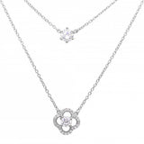 Sterling Silver Rhodium Plated Double Chain CZ And Open Flower .925 Necklace